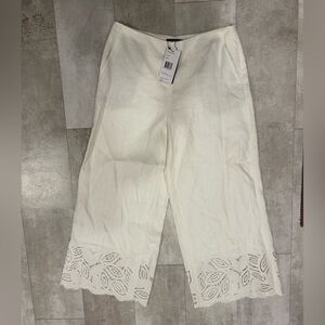 Lafayette 148 Linen Embroidered Wide-Leg Pants White Size 4 NWT